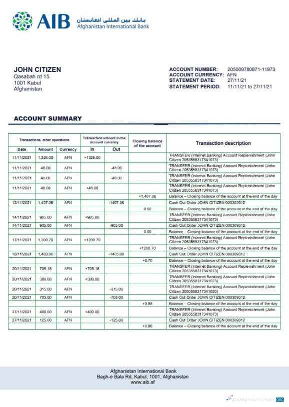 Download Afghanistan AIB bank statement Photoshop template